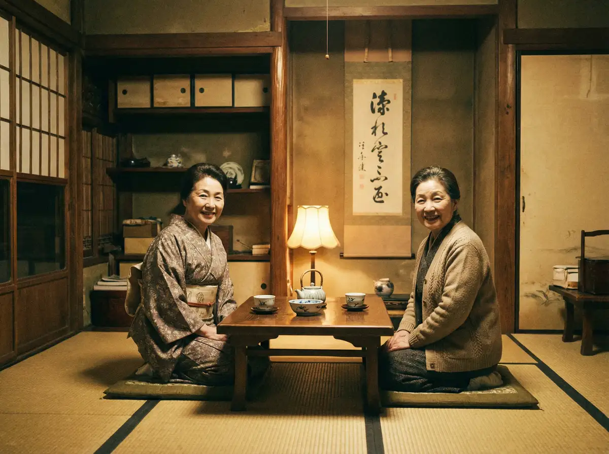 两位优雅的 飞亚体育app 在日式茶室中品茶交谈